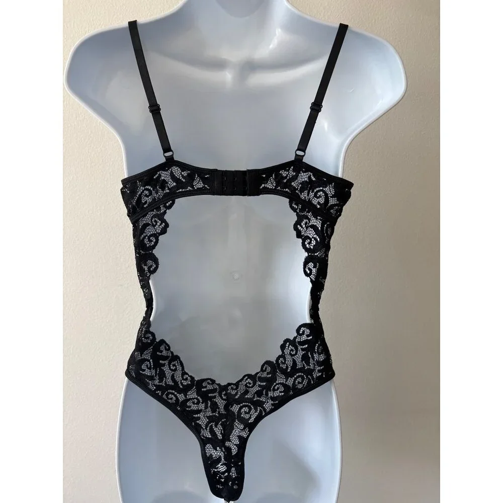 Y2K Bodysuit Small Sheer Lace Floral Embroidered Black Mesh Open Back Lingerie - Picture 12 of 16